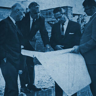 Albert O’Neall, PE, State Headquarters Building and Grounds Committee Chairman; Roland Lee, PE, Headquarters Building Finance Committee Chairman; 1969-1970 FES President Roy H. Barto, PE; and Executive Director Gene Lent check out progress on headquarters construction in 1969.